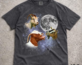 Three Goats Retro Graphic T-shirts, Vintage Goats Moon Tshirt, Goats Lovers, Funny Goat Tee, Oversized Washed Tee, Silly Gift, Goats
