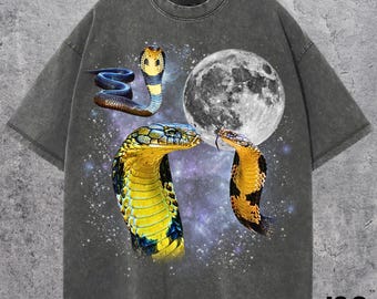 Camisetas com estampa retrô Three King Cobra, camiseta vintage Snake Moon, amantes de cobras, camiseta engraçada de cobra, camiseta grande lavada, presente divertido