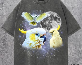Camiseta retro con estampado de tres cacatúas, camiseta vintage con luna de loro, divertida camiseta para amantes de las aves, camiseta extragrande con cacatúa tropical, colores cómodos