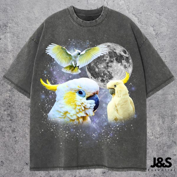 Three Cockatoo Retro Graphic Tshirt, Vintage Parrot Moon Shirt, Funny Bird Lover Gift Tee, Oversize Tropical Cockatoo Tshirt, Comfort Colors