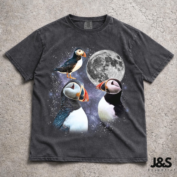 T-shirt trois macareux, t-shirt graphique vintage oiseaux de mer, jolie chemise oiseau de l'océan, t-shirt animal sauvage drôle, haut animal rétro surdimensionné, nature côtière