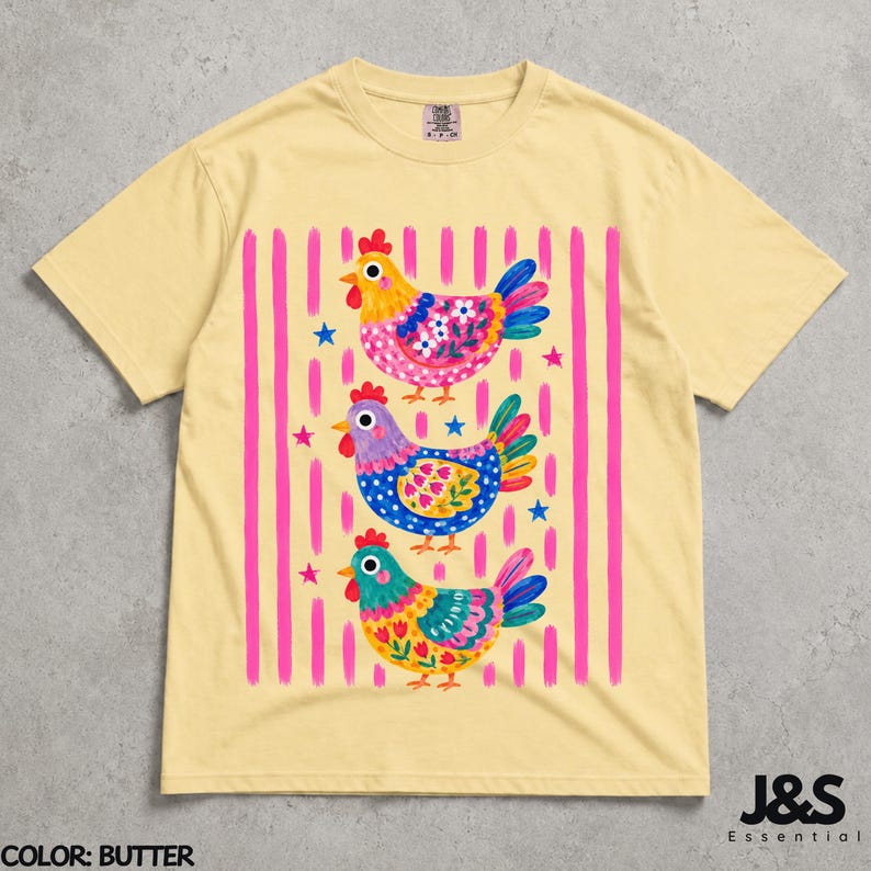 Colorful Chicken Tshirt, Floral Folk Art Hen Shirt, Cute Farm Animal Graphic Tee, Whimsical Comfort Colors Chicken Lover Gift Butter