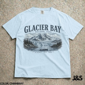 Glacier Bay National Park Shirt, Alaska Mountain Tshirt, Vintage National Park Tee, Retro Wilderness Graphic Tee, Nature Gift Chambray