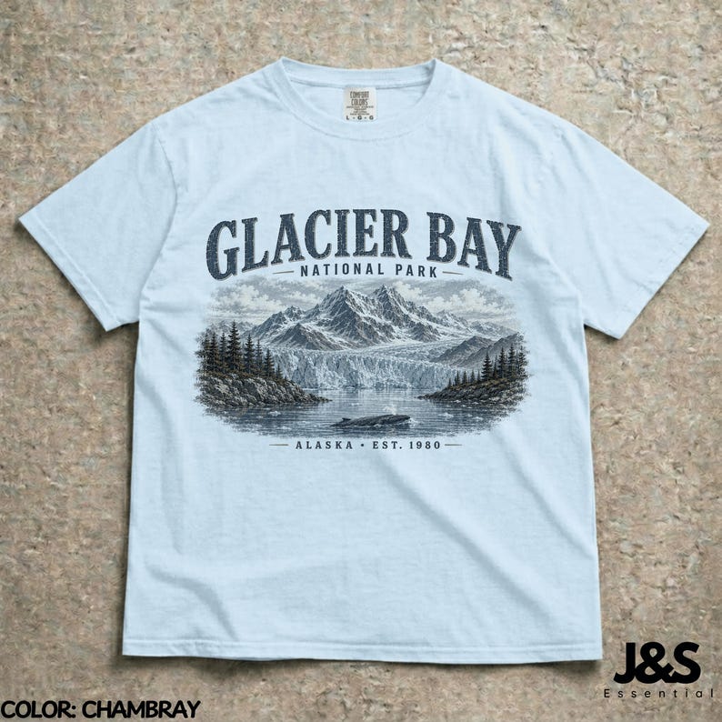 Glacier Bay National Park Shirt, Alaska Mountain Tshirt, Vintage National Park Tee, Retro Wilderness Graphic Tee, Nature Gift Chambray