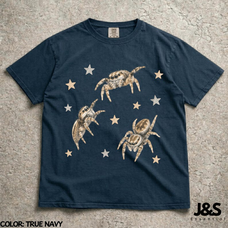 Vintage Jumping Spider Shirt, Retro Arachnid Graphic Tee, Cute Spider Aesthetic Top, Comfort Colors® Bug Lover Gift, Artistic Y2K True Navy