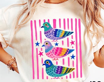 Colorful Pigeon Shirt, Cute Bird Graphic Tee, Whimsical Cottagecore Tshirt, Funny Pigeon Lover Gift, Colorful Animal Art Shirt for Women