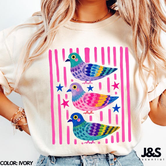 Colorful Pigeon Shirt, Cute Bird Graphic Tee, Whimsical Cottagecore Tshirt, Funny Pigeon Lover Gift, Colorful Animal Art Shirt for Women