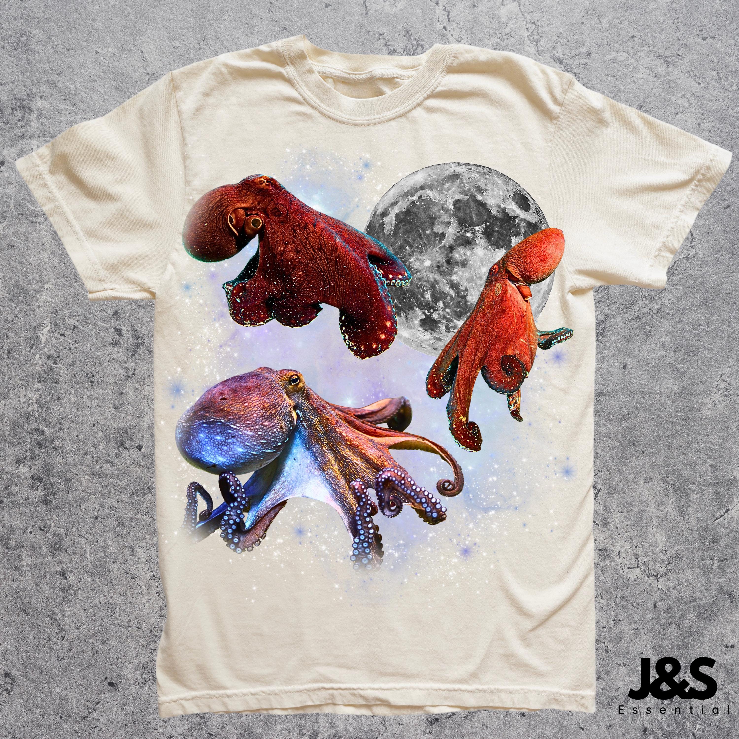 Three Octopus Retro Graphic T-shirts, Vintage Octopus Moon Tshirt 