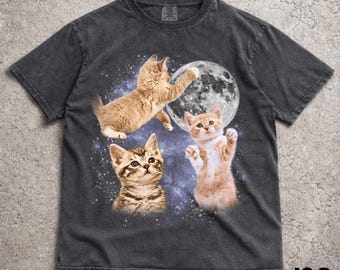 Three Cats Retro Moon Graphic T-shirts, Vintage Cat MoonMeme Tshirt, Cat Lovers, Funny Cat Tee, Oversized Washed Tee, Weird Meme T Shirt