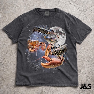 ロブスターレトログラフィックTシャツ3枚、ヴィンテージロブスタームーンTシャツ、ロブスターシャツ、おもしろTシャツ、特大ロブスターシャツ、ロブスターTシャツ Vintage Distressed