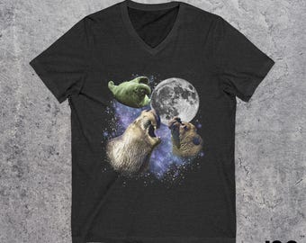 Three Elephant Seal Moon V-Neck Shirt, Funny Ocean Animal Tee, Retro Celestial Seal Top, Unique Marine Life Graphic, Cosmic Beach Gift