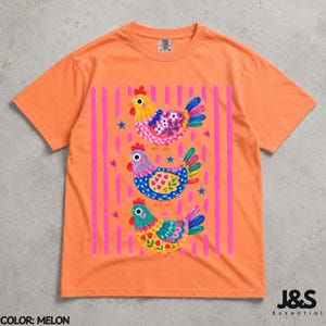 Colorful Chicken Tshirt, Floral Folk Art Hen Shirt, Cute Farm Animal Graphic Tee, Whimsical Comfort Colors Chicken Lover Gift Melon