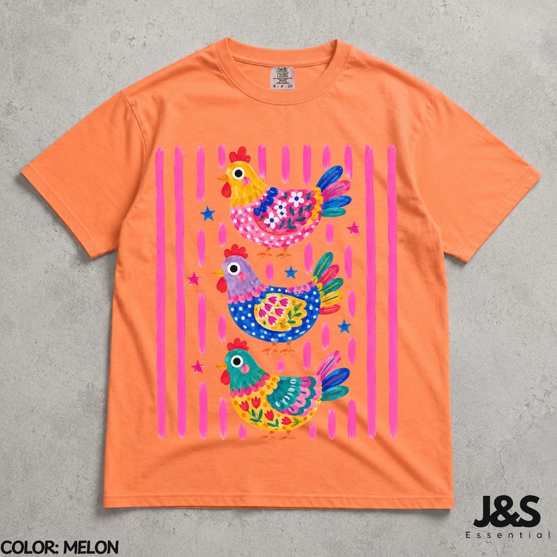 Colorful Chicken Tshirt, Floral Folk Art Hen Shirt, Cute Farm Animal Graphic Tee, Whimsical Comfort Colors Chicken Lover Gift Melon