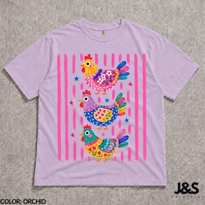 Colorful Chicken Tshirt, Floral Folk Art Hen Shirt, Cute Farm Animal Graphic Tee, Whimsical Comfort Colors Chicken Lover Gift Orchid