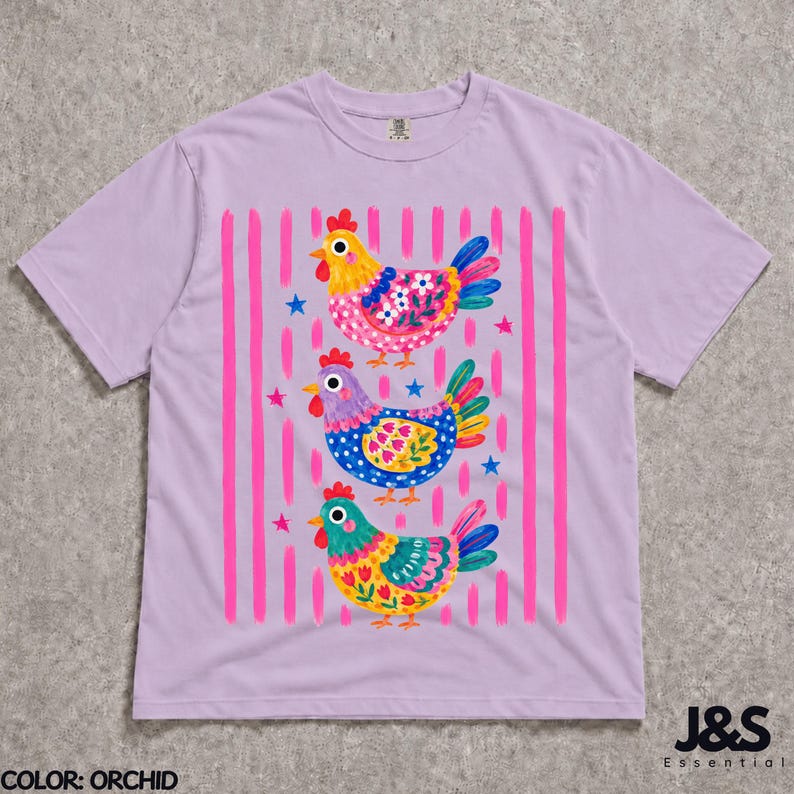 Colorful Chicken Tshirt, Floral Folk Art Hen Shirt, Cute Farm Animal Graphic Tee, Whimsical Comfort Colors Chicken Lover Gift Orchid