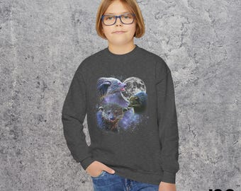 Sudadera juvenil Three Binturong Moon, jersey infantil con estética vintage divertida de los 90, top retro Bearcat Galaxy, regalo de parodia irónica Wolf Moon