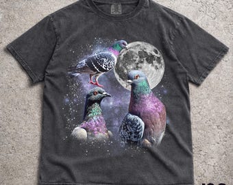 Three Pigeon Retro Graphic T-shirts, Vintage Pigeon Moon Tshirt, Pigeon Lovers, Funny Pigeon Tee, Oversized Washed Tee, Silly Gift, Pigeons