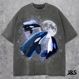Three Orca Retro Graphic T-shirts, Vintage Orca Moon Tshirt, Orca Lovers, Funny Orca Tee, Oversized Washed Tee, Silly Gifts, Orca Gift