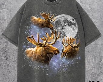 Three Moose Retro Graphic T-shirts, Vintage Moose Moon Tshirt, Moose Shirt, Funny Tee, Oversized Washed Tee, Moose Shirt, Comfort Colors Tee