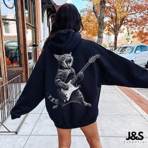 ヴィンテージ 90 年代 ロック キャット パーカー、レトロ ロック 子猫 ネイチャー パーカー、猫好きへのギフト、宇宙の猫 ユニセックス ウォッシュド 大人用パーカー、猫好きへのギフト
