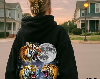 Three Tiger Moon Hoodie, Funny Tiger Sweatshirt, Vintage Big Cat Graphic Hoodie, Full Moon Jungle Pullover, Wildlife Animal Gift