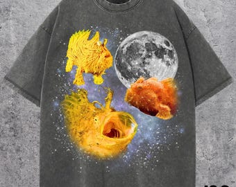 Camiseta retro con tres peces rana, camiseta vintage con luna y pez, para amantes del océano, divertida camiseta con peces rana, camiseta lavada extragrande, regalo divertido, pez rana