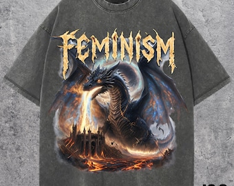 Camiseta gráfica vintage de fantasía de dragón feminista, camiseta retro de dragón, camiseta feminista, regalos divertidos, camiseta gótica de dragón con castillo grunge de arte oscuro