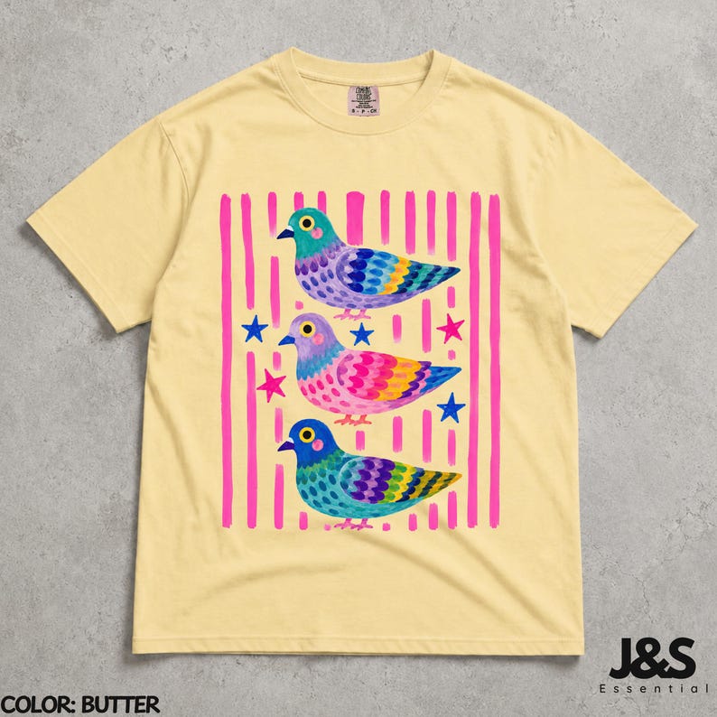 Camiseta de paloma colorida, camiseta con estampado de pájaro adorable, camiseta estilo cottagecore original, regalo divertido para amantes de las palomas, camiseta colorida con arte animal para mujer Butter