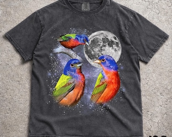 Drei gemalte Wimpelketten T-Shirt, lustiges 90er Jahre Vintage Ästhetisches Grafik T-Shirt, Retro Comfort Colors® Vogel Top, Ironisches Wolf Mond Parodie Geschenk