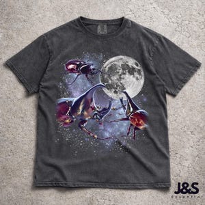 Tre noshörningar skalbagge retro t-shirt, rolig bugg mångrafik t-shirt, vintage överdimensionerad insektströja, entomologi naturälskare gåva