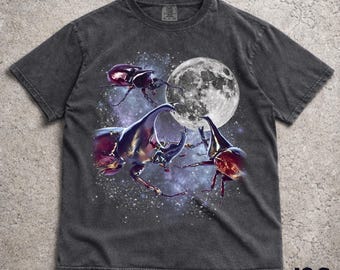 Three Rhinoceros Beetle Retro Tshirt, Funny Bug Moon Graphic Tee, Vintage Oversized Insect Shirt, Entomology Nature Lover Gift