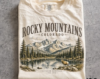 Vintage Rocky Mountains Colorado Shirt, Retro 90s Outdoor Heritage Graphic Tee, Artistic Elk Nature Top, Comfort Colors® Hiking Gift