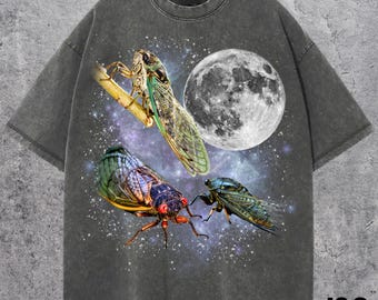 Three Cicada Retro Graphic T-shirts, Vintage Cicada Moon Tshirt, Cicada Lovers, Funny Cicada Tee, Oversized Washed Tee, Silly Gift, Cicada
