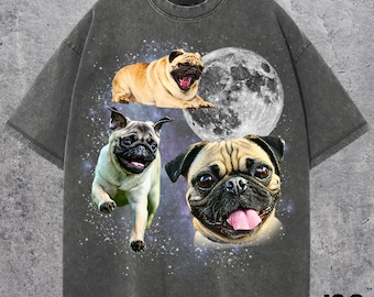 Magliette grafiche con tre carlini, maglietta vintage con la luna dei carlini, maglietta con carlini, maglietta divertente con carlini, maglietta con meme sui cani, maglietta per cani, maglietta con cani, colori comodi
