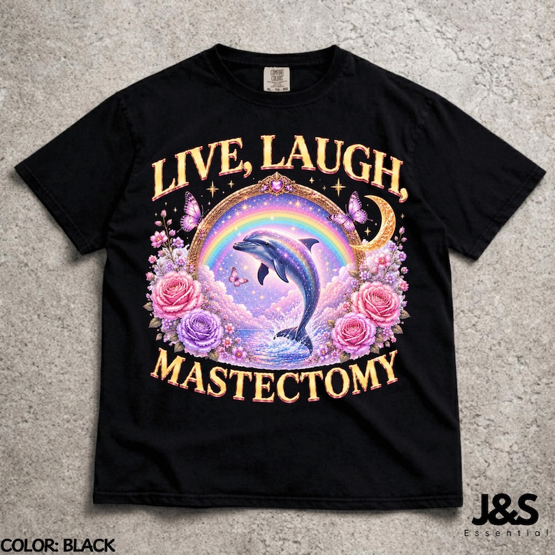 Live Laugh Mastektomie T-Shirt, lustiges medizinisches Humor Grafik T-Shirt, Surreal Delfin Kunst Shirt, Brustkrebs Bewusstseins Geschenk, kosmische Chirurgie Kunst Black