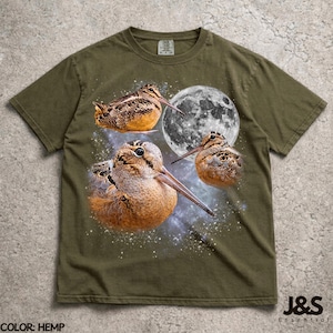 Three Meep Bird American Woodcock Moon Shirt, Vintage Timberdoodle Galaxy Tee, Retro Cosmic Woodcock Graphic Top, Birder Gift, Hemp