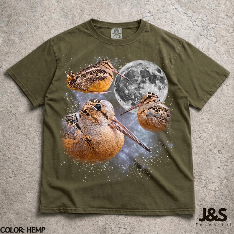 Three Meep Bird American Woodcock Moon Shirt, Vintage Timberdoodle Galaxy Tee, Retro Cosmic Woodcock Graphic Top, Birder Gift, Hemp