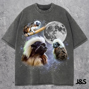 Puede incluir: Camiseta gris oscuro con un diseño gráfico de tres titíes de copete, una luna llena y un fondo estrellado. La camiseta tiene cuello redondo y mangas cortas. El texto "J&S Essential" está impreso en blanco en la parte inferior derecha.