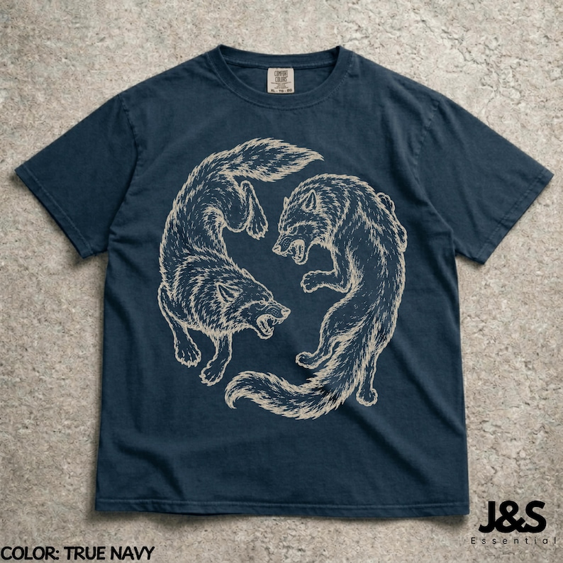 Vintage Wolf Shirt, Japanese Wolf Tee, Red Wolf Graphic Tee, Retro Tattoo Style Shirt, Minimalist Streetwear Tshirt True Navy