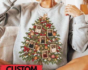 Custom Family Photo Christmas Tree Vintage 90s Sweatshirt, Personalized 6 Photo Ornament Crewneck, Gift for Mom and Grandma