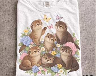 Retro Baby Otter Tshirt, 90s Vintage Cute Otter Tee, Comfort Colors® Floral Butterfly Shirt, Boho Cottagecore Unisex Top, Otter Lover Gift