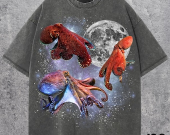 Three Octopus Retro Graphic T-shirts, Vintage Octopus Moon Tshirt, Sea Creature Shirt, Funny Tee, Oversized Octopus Shirt, Octopus Tshirt