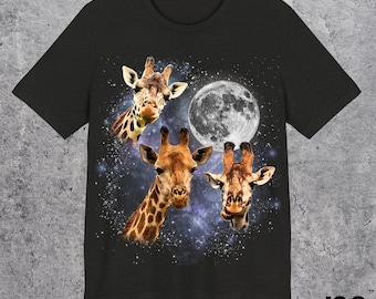 Three Giraffe Retro Graphic T-shirts, Vintage Giraffe Moon Tshirt, Giraffe Lovers, Funny Giraffe Tee, Oversized Washed, Silly Gifts