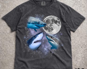 Three Sharks Vintage Graphic T-shirts, Retro Shark Moon Tshirt, Skark Ocean Lovers, Funny Graphic Tee, Oversized Washed Tee, Weirdcore Shirt