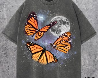 Three Butterfly Retro Graphic T-shirts, Vintage Butterfly Moon Tshirt, Butterfly Lovers, Funny Butterfly Tee, Oversized Washed Tee