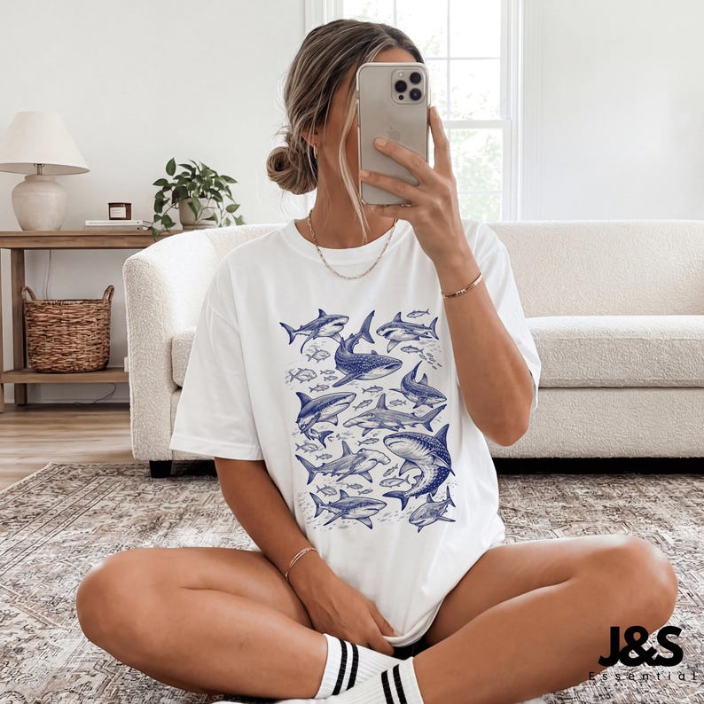 Shark 90s Vintage Tattoo Style Graphic Tshirt, Retro Comfort Colors® Y2k Whale Shark Great White Wildlife Unisex Shirt, Ocean Lover Gift White