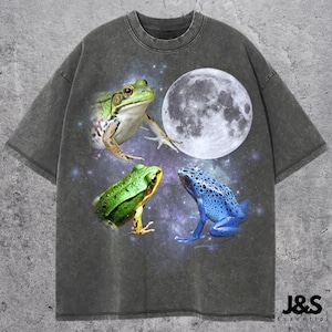 Puede incluir: Una camiseta gris con un aspecto descolorido presenta un diseño gráfico de tres ranas y una luna llena. Las ranas son verdes, azules y de color verde claro. La luna es blanca y tiene una superficie texturizada.