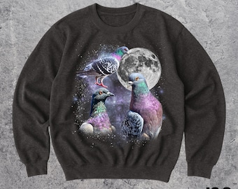 Felpa con tre piccioni sulla luna, divertente girocollo per gli amanti degli uccelli, maglione con piccione cosmico, maglietta con animali della galassia unica, regalo con fauna selvatica urbana