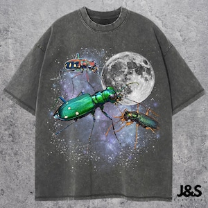 May include: Dark grey t-shirt with a graphic of three iridescent beetles set against a full moon and a starry sky. The shirt has a vintage, washed appearance and a loose fit. The brand logo is at the bottom right.