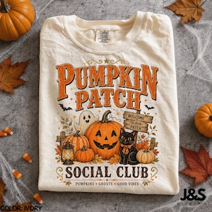 Pumpkin Patch Social Club Halloween Shirt, Cute Ghost Black Cat Pumpkin Tshirt, Vintage Fall Graphic Tee, Cozy Spooky Season Gift